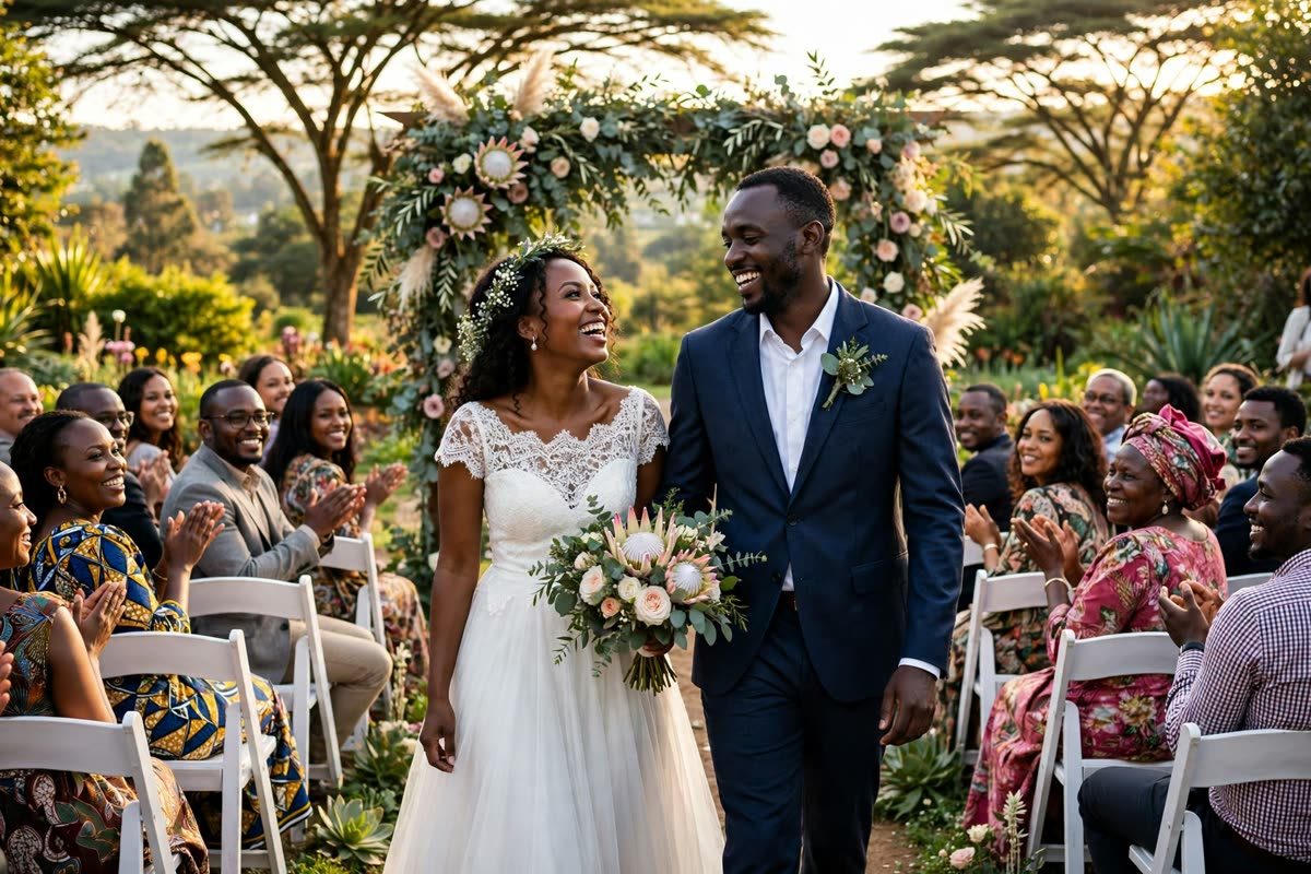 Wedding couple walking down the aisle