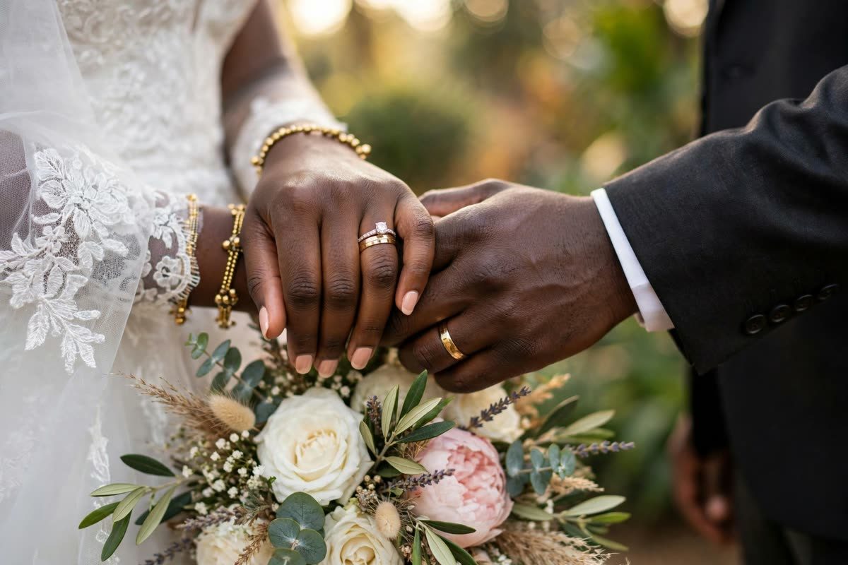 Wedding rings and bouquet close-up